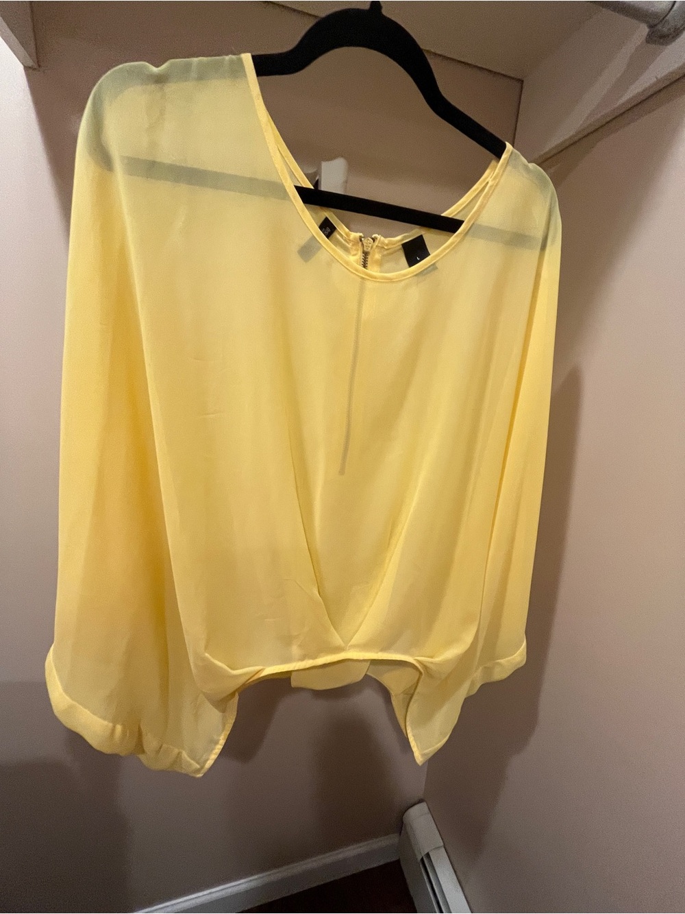 Bisou Bisou Sheer Lemon Yellow V-Neck Draped Blouse